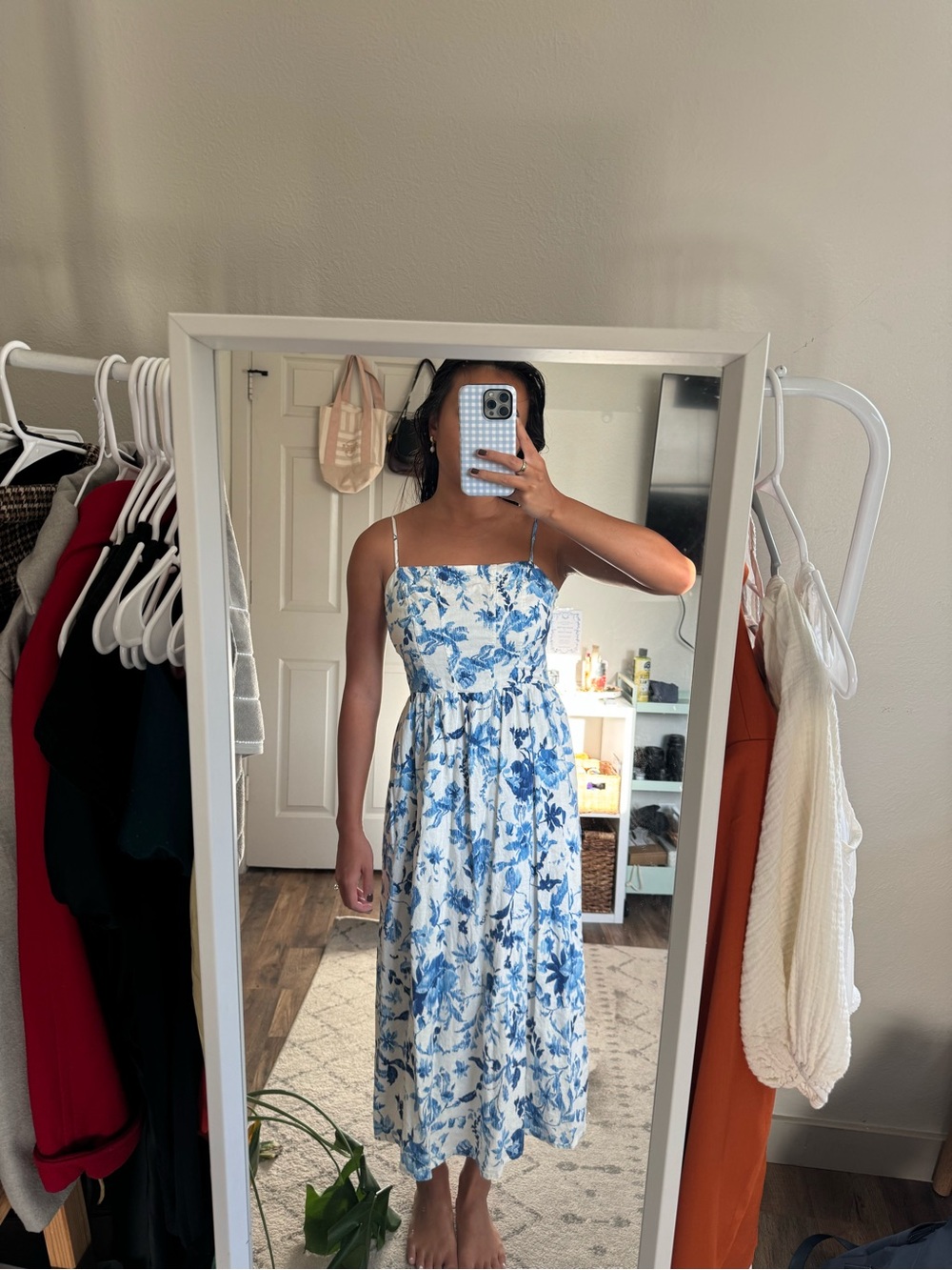H & M Blue Floral Midi Sundress with Spaghetti Straps
